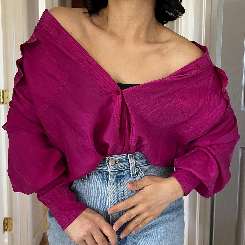 Vintage 1980s oversized washed silk long sleeve button down blouse Pink Medium